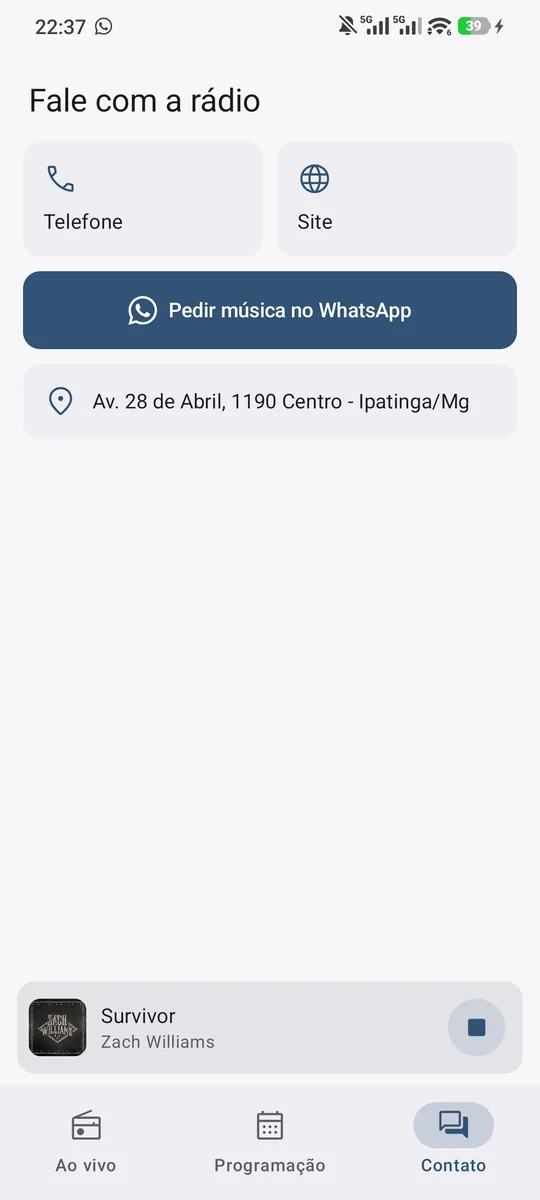 App Android: tela Fale com a rádio, com telefone, site, pedido de música no WhatsApp e endereço