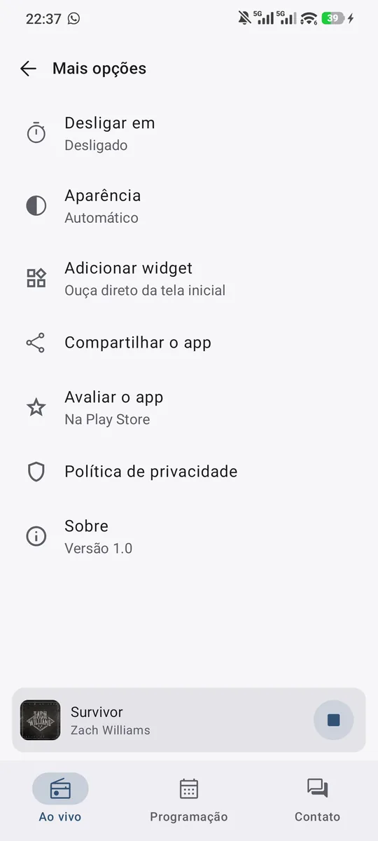 App Android: mais opções, com desligar em, aparência, widget e avaliar na Play Store