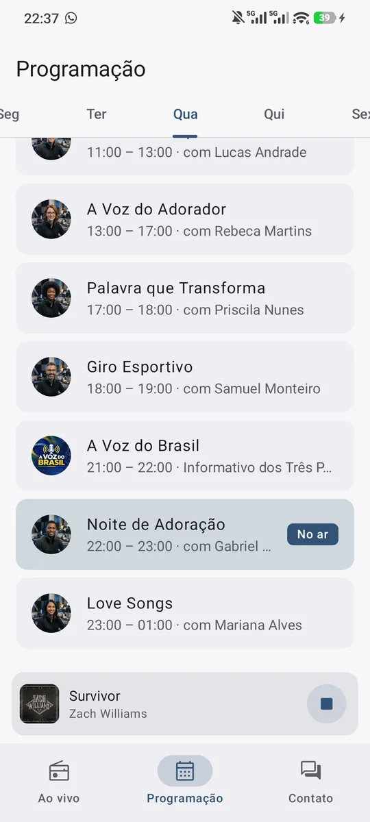 App Android: grade de programação da semana com o programa no ar em destaque