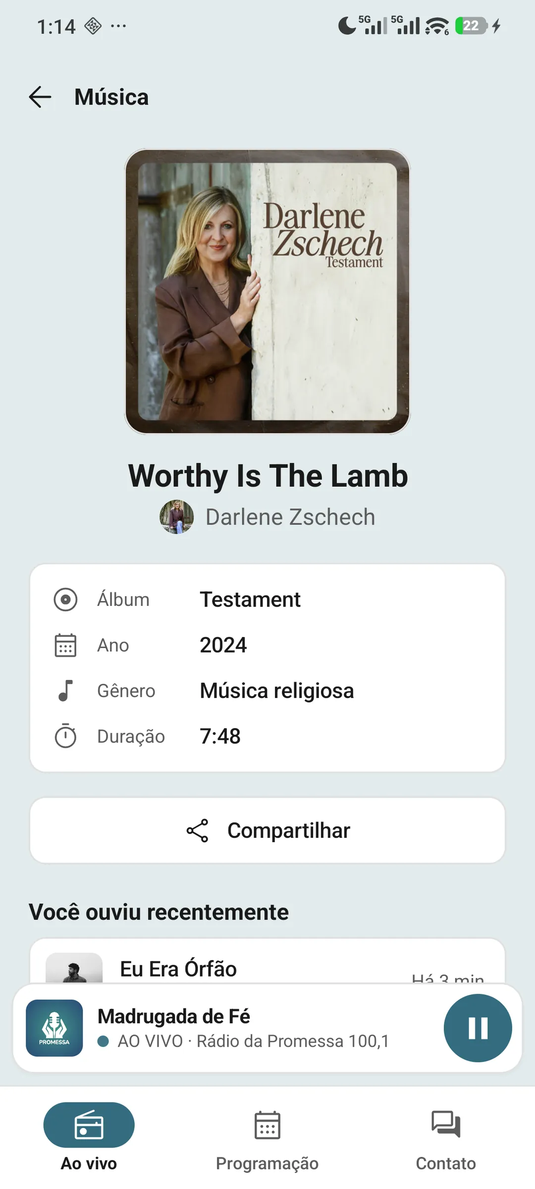 Modelo Relógio: página da música com capa, álbum, ano, gênero, duração e o botão de compartilhar